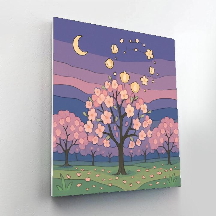 Lantern Blossom Grove With Tree Silhouettes paint by numbers