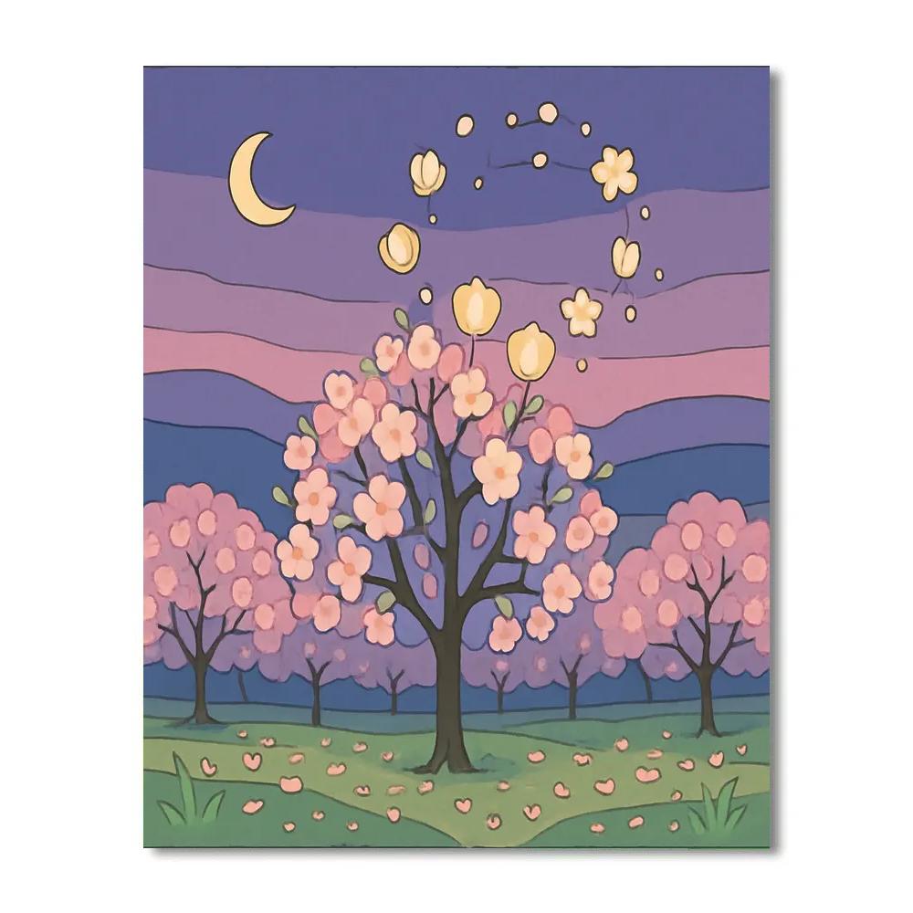 Lantern Blossom Grove With Tree Silhouettes paint by numbers