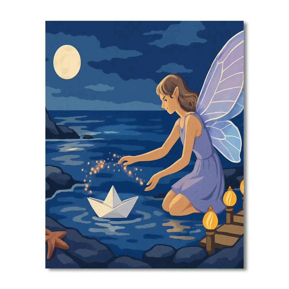 Moonlit Harbor With Fairy Lanterns paint by color