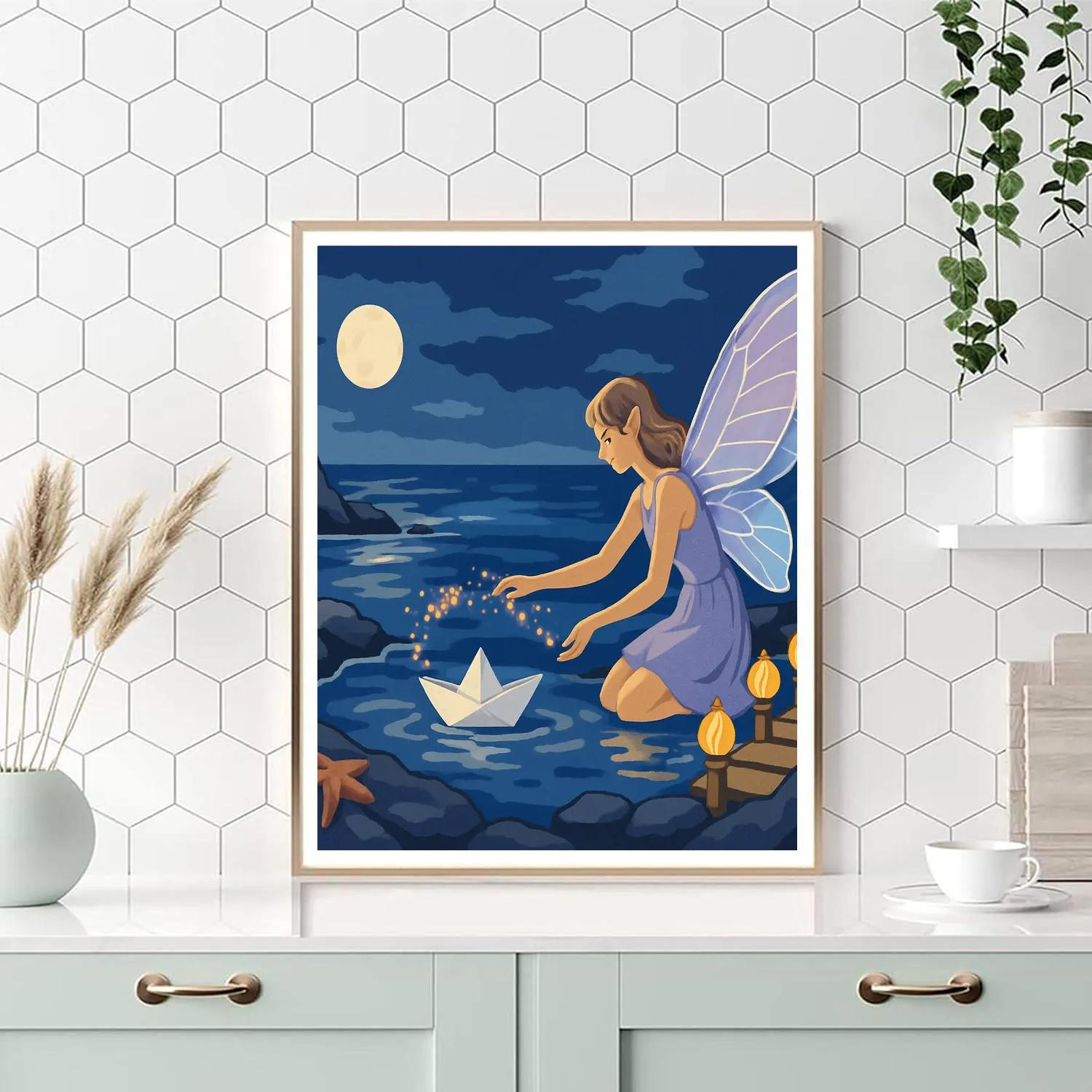 Moonlit Harbor With Fairy Lanterns paint by color
