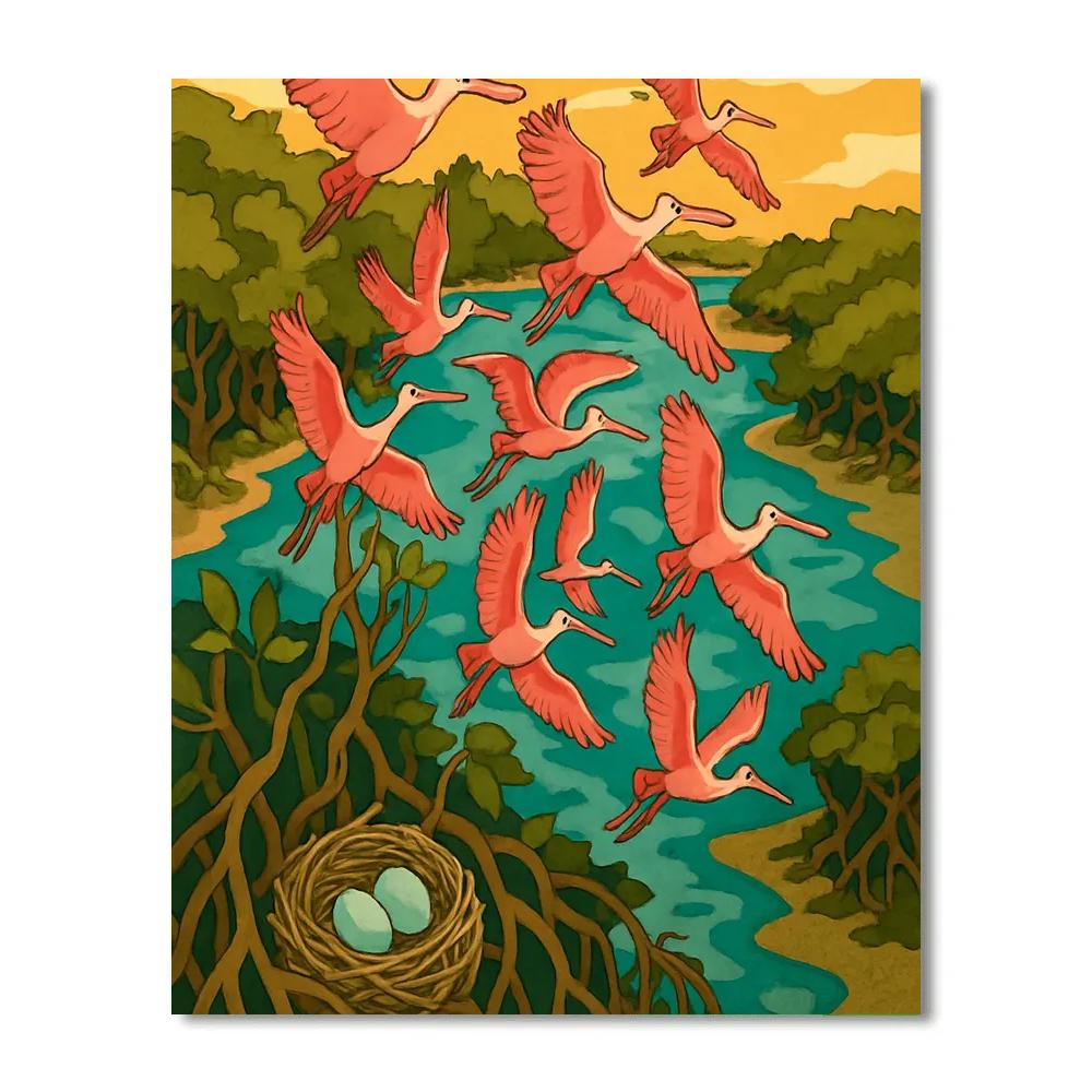 Mangrove Rookery With Birds In Spiral Flight DIY paint by numbers