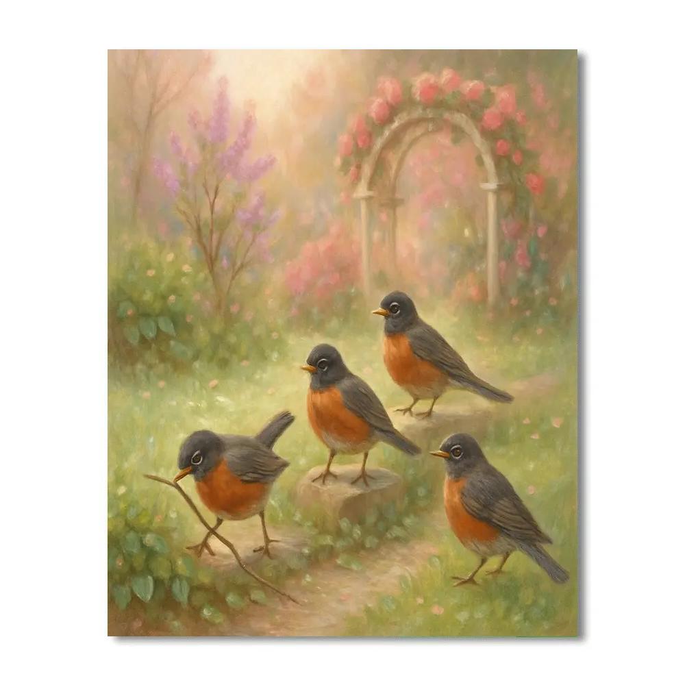 Rose Arbor Robins In Early Spring paint by color
