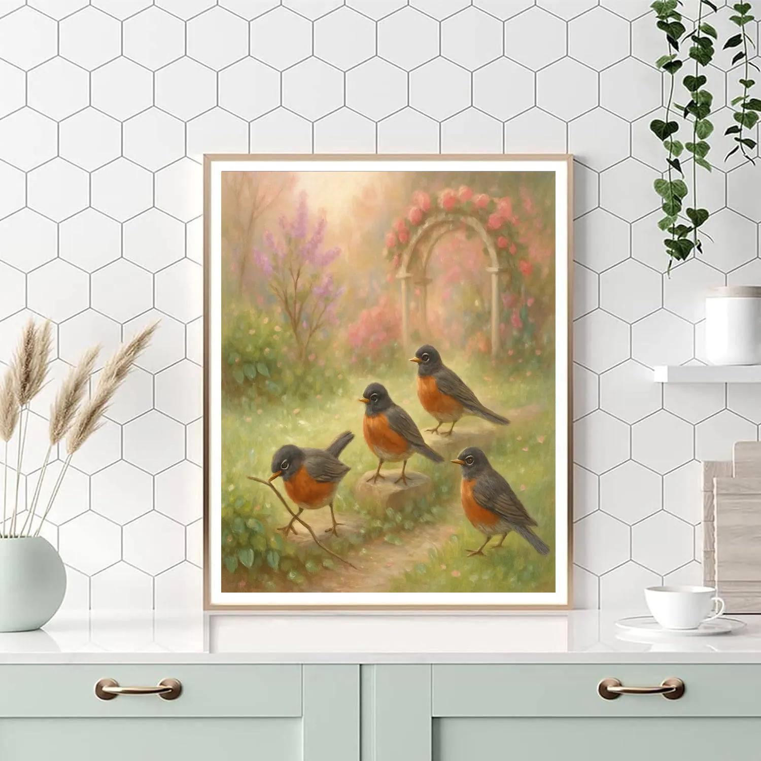 Rose Arbor Robins In Early Spring paint by color
