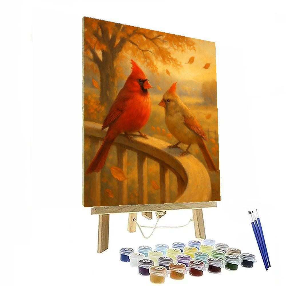 Autumn Porch Cardinals And Falling Leaves paint by numbers