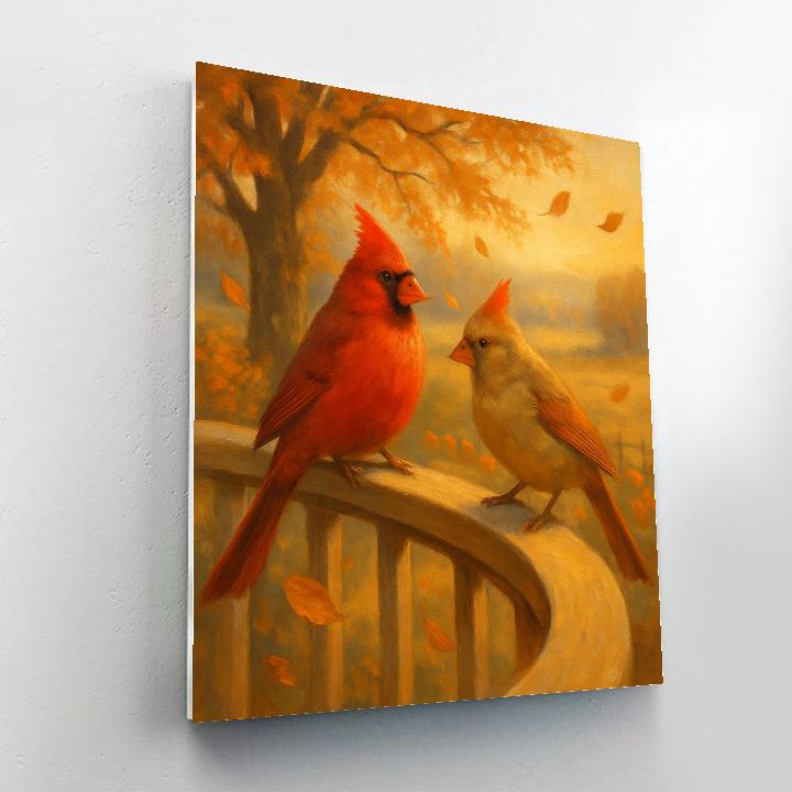 Autumn Porch Cardinals And Falling Leaves paint by numbers