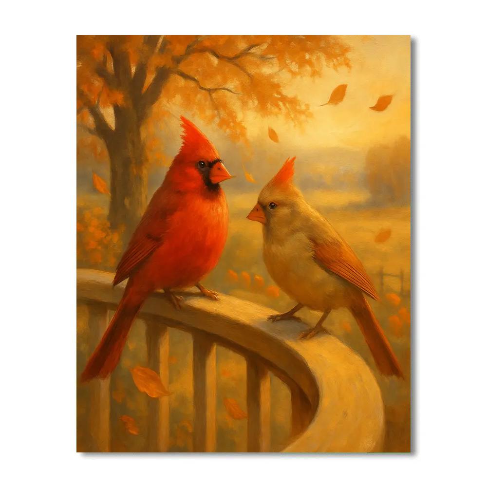 Autumn Porch Cardinals And Falling Leaves paint by numbers