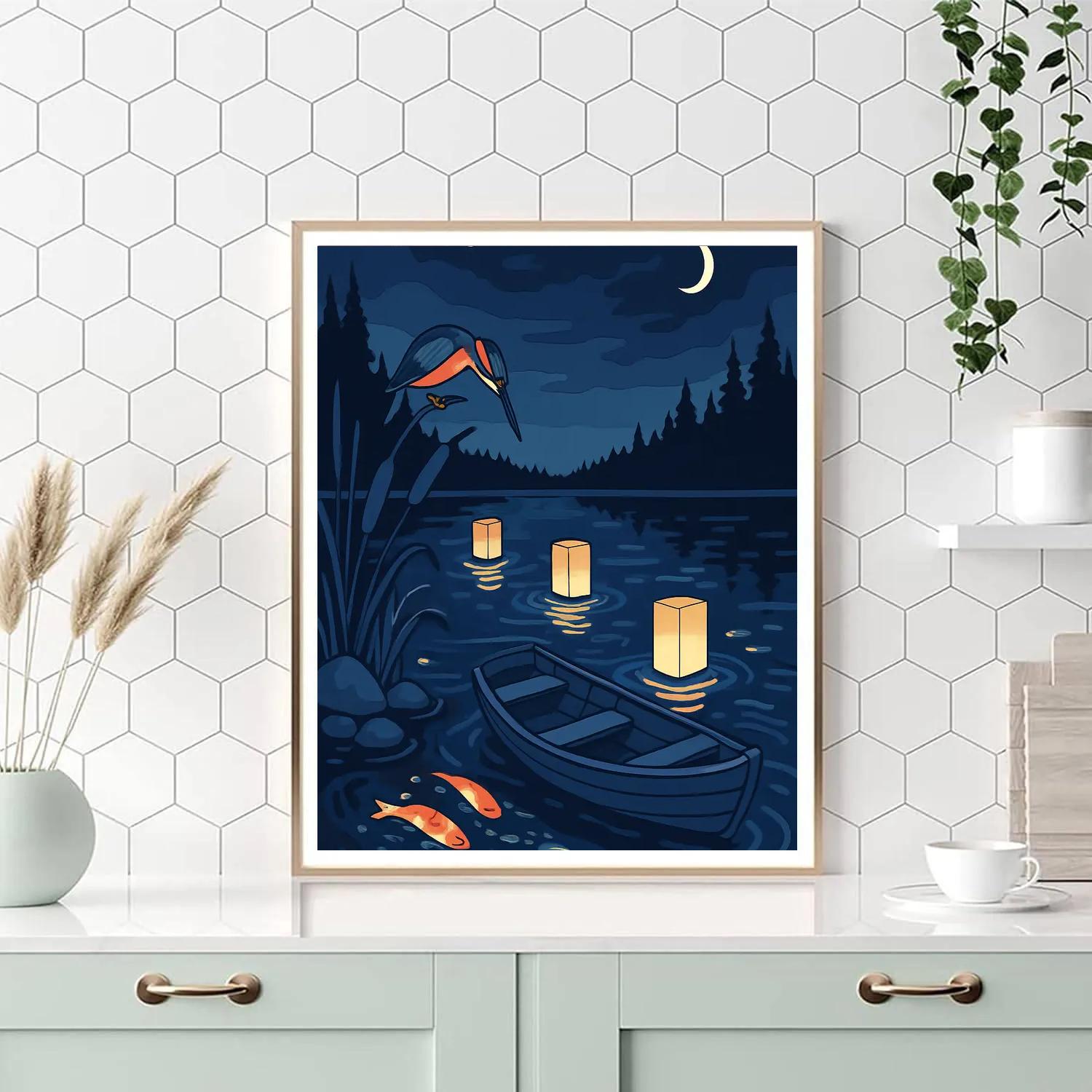 Rowboat Under Lantern Skies At The Lake paint by numbers