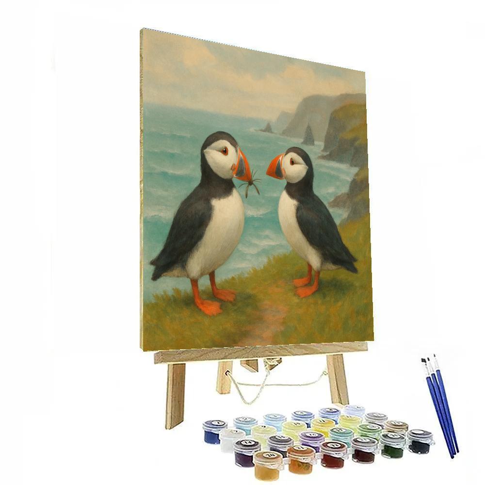 Cliffside Puffins In Sea Breeze Calm Numbered painting kits