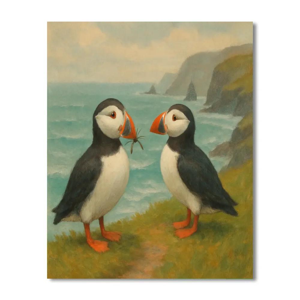 Cliffside Puffins In Sea Breeze Calm Numbered painting kits