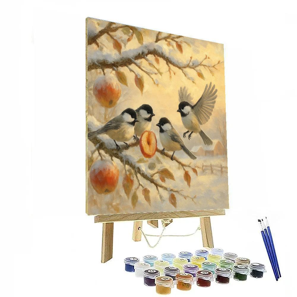 Snowy Orchard Chickadees And Warm Sun paint by number