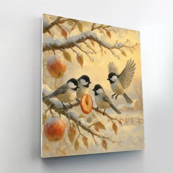 Snowy Orchard Chickadees And Warm Sun paint by number