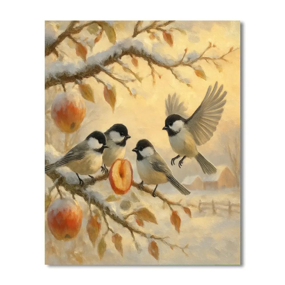 Snowy Orchard Chickadees And Warm Sun paint by number