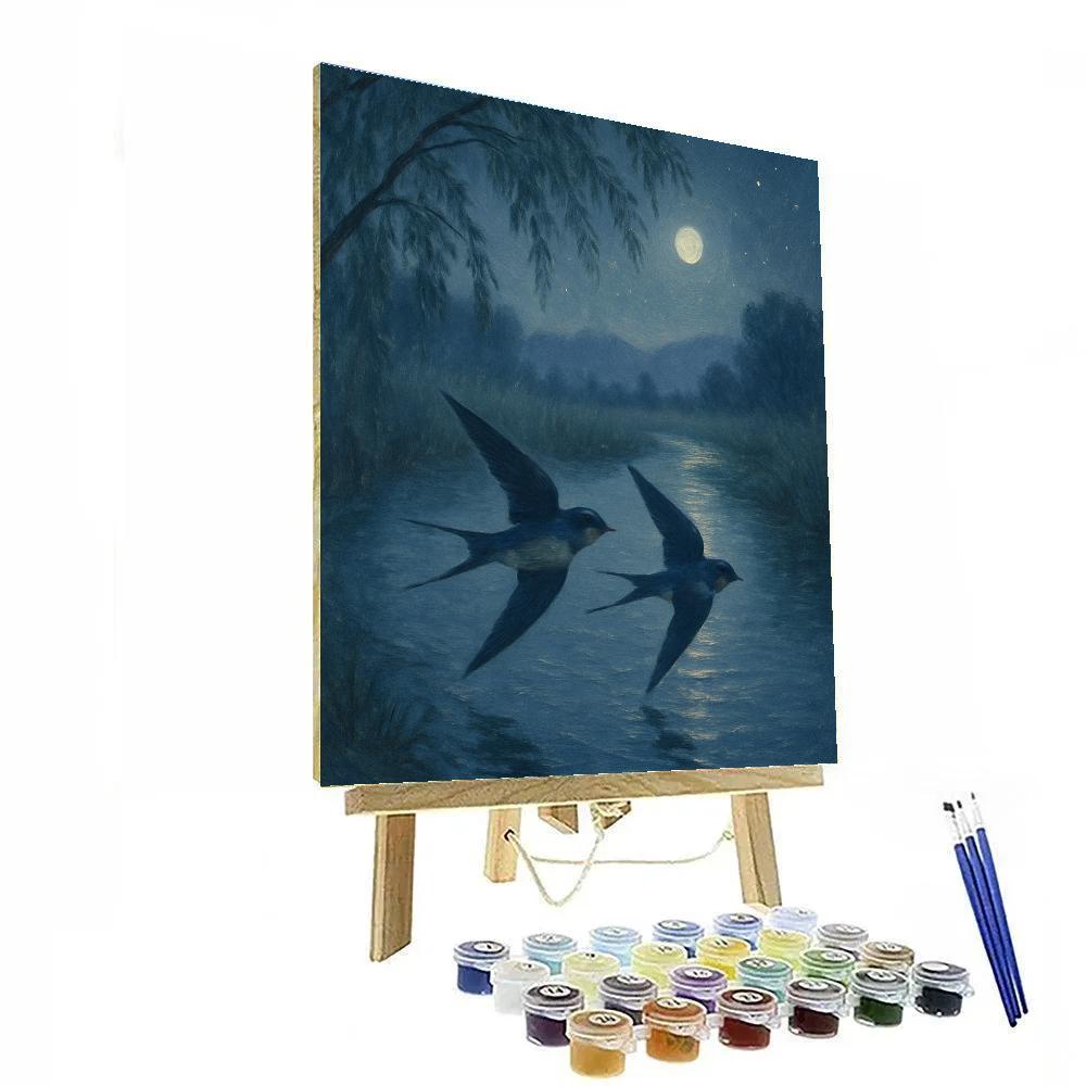 Moonlit Swallows Over The Indigo River Bend Painting by numbers kit