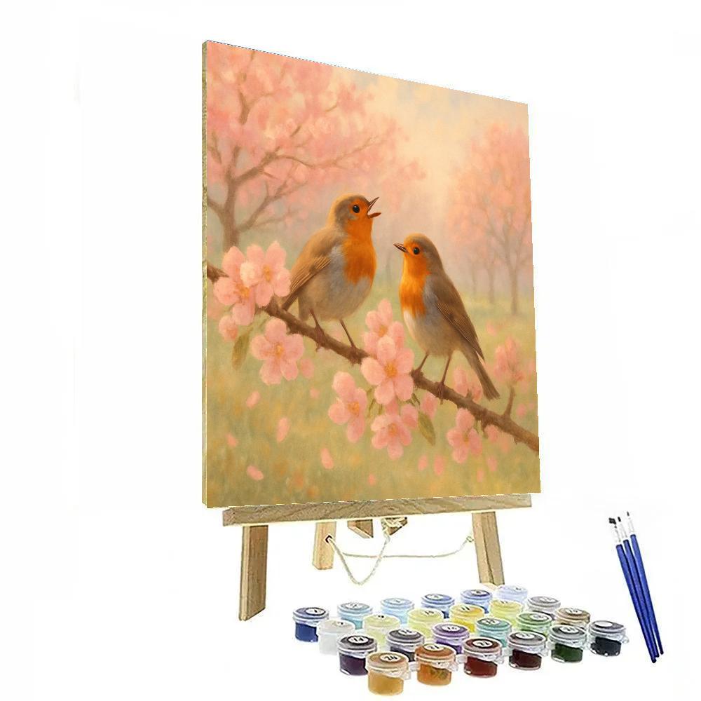 Cherry Blossom Robins In The Morning Mist Orchard Paint by numbers kits