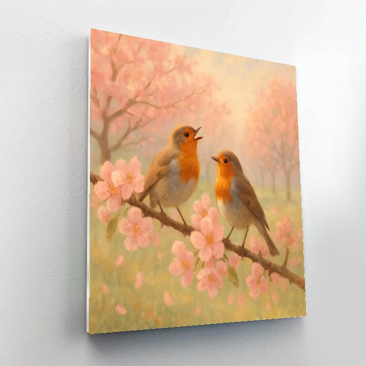 Cherry Blossom Robins In The Morning Mist Orchard Paint by numbers kits