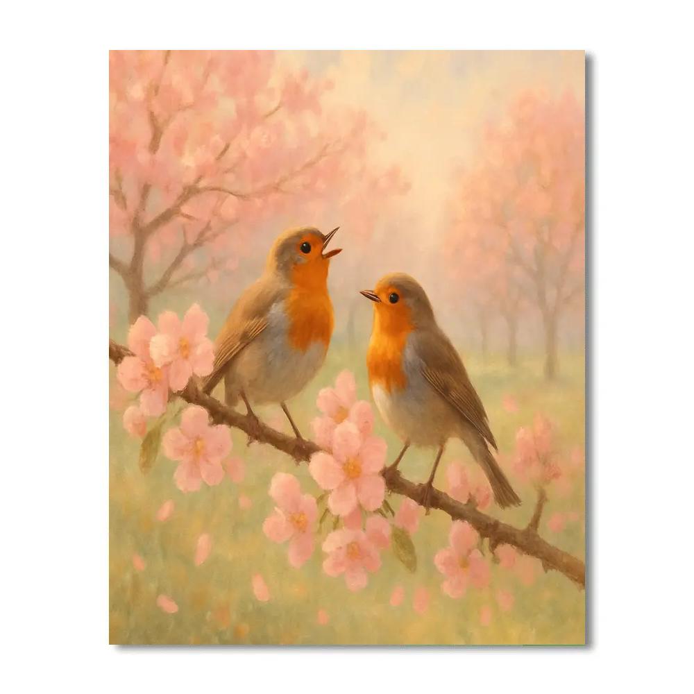 Cherry Blossom Robins In The Morning Mist Orchard Paint by numbers kits