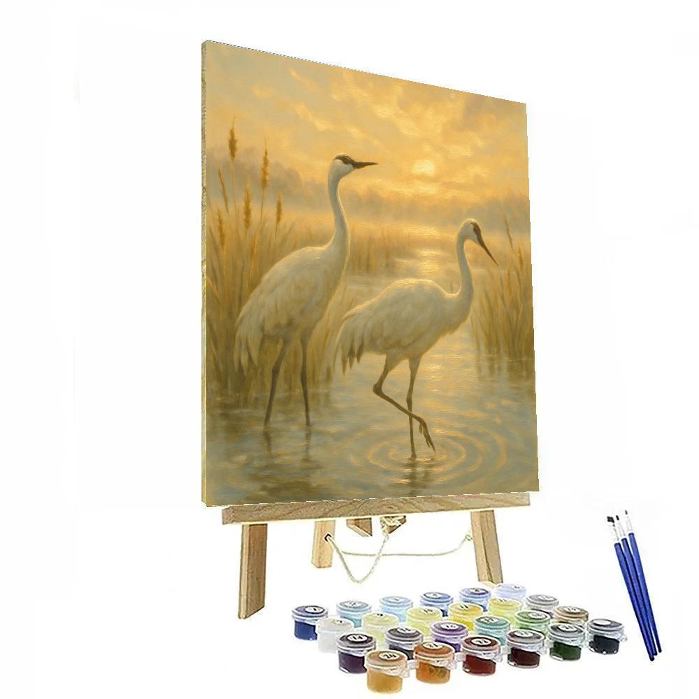 Cranes At Sunrise Over The Reedlit Wetland painting number kit
