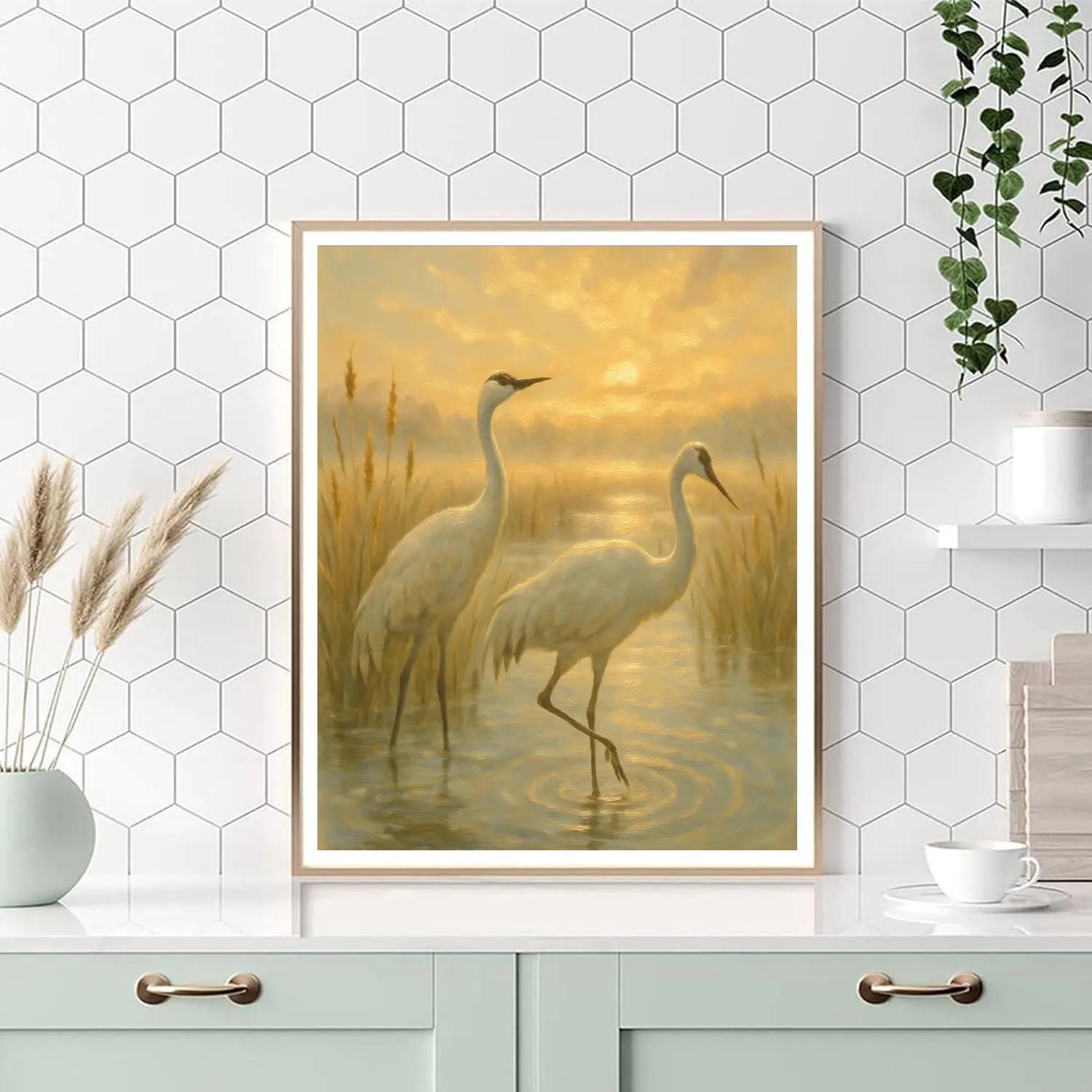 Cranes At Sunrise Over The Reedlit Wetland painting number kit