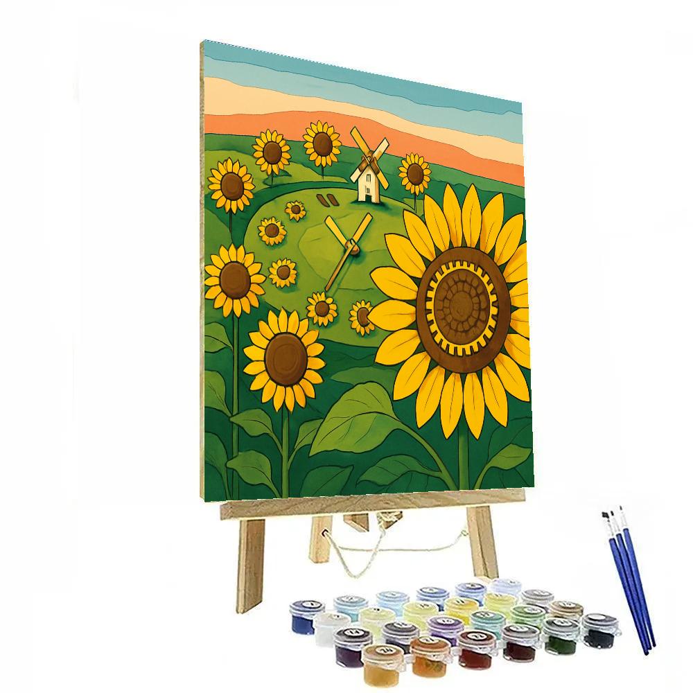 Windmill Clockwork In Sunflower Fields paint by color