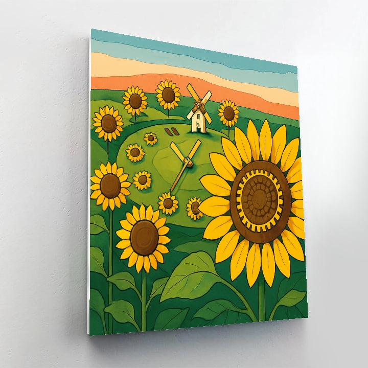 Windmill Clockwork In Sunflower Fields paint by color