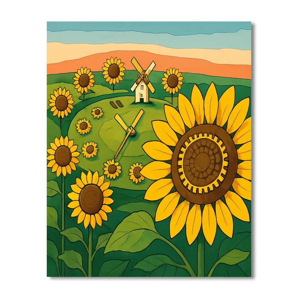 Windmill Clockwork In Sunflower Fields paint by color