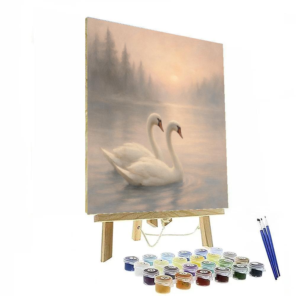 Misty Lake Swans At Quiet Morning Drift Painting by numbers kit