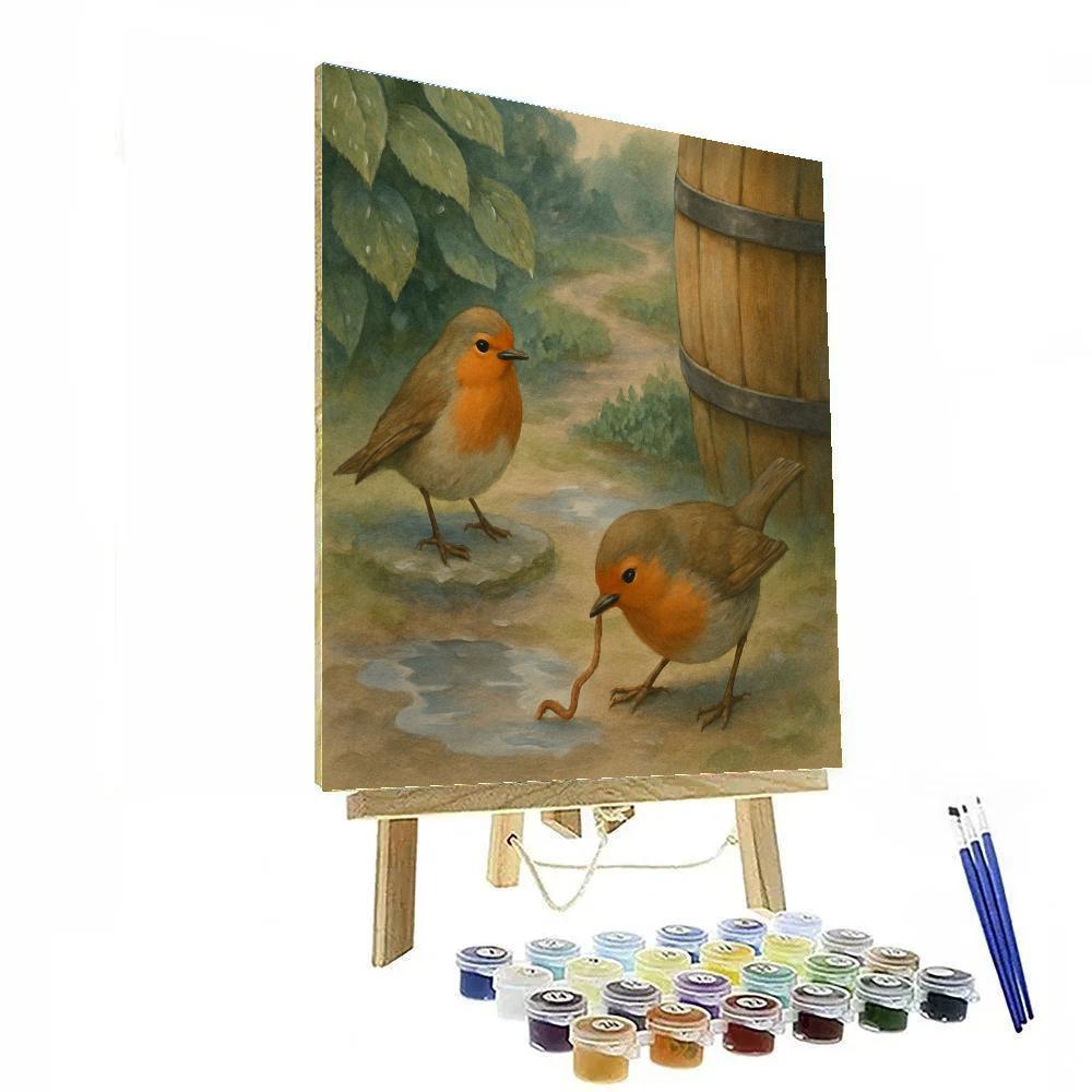 Garden Robins Beside The Rain Barrel Painting by numbers kit