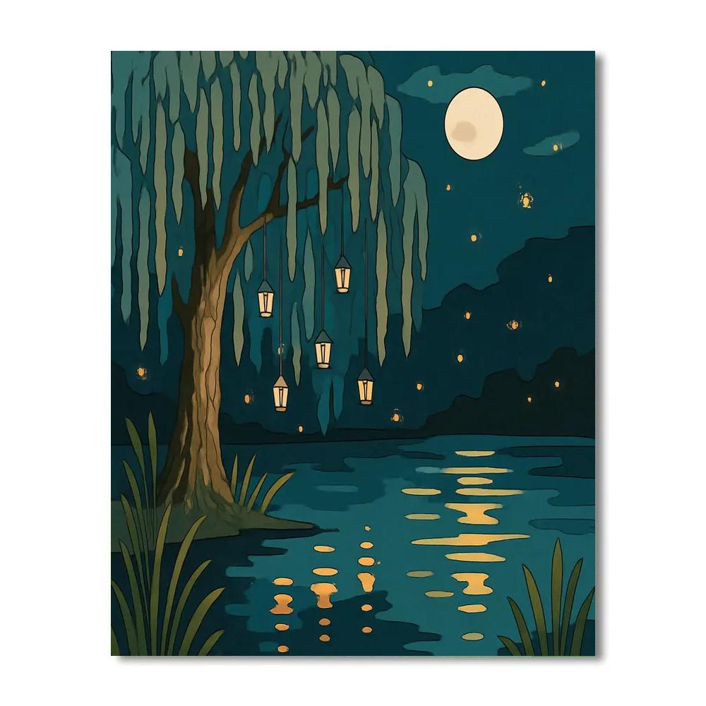 Lantern Grove Tree With Moonlit Fireflies paint by numbers