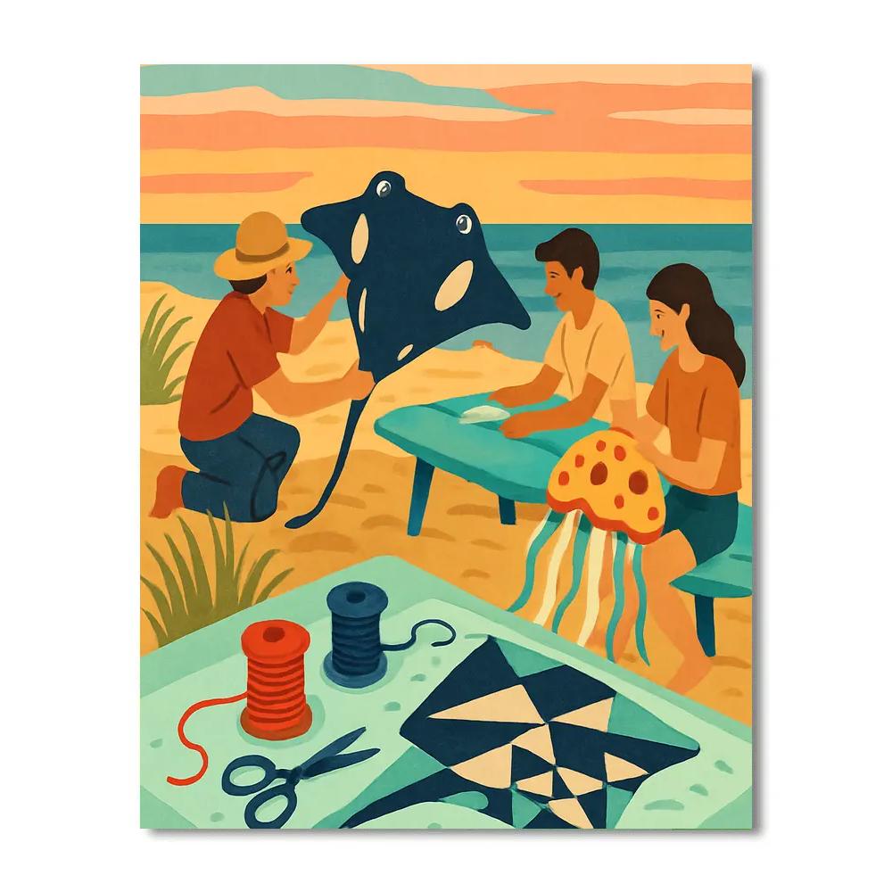 Kite Workshop Under Coral Sunset Beach paint by numbers