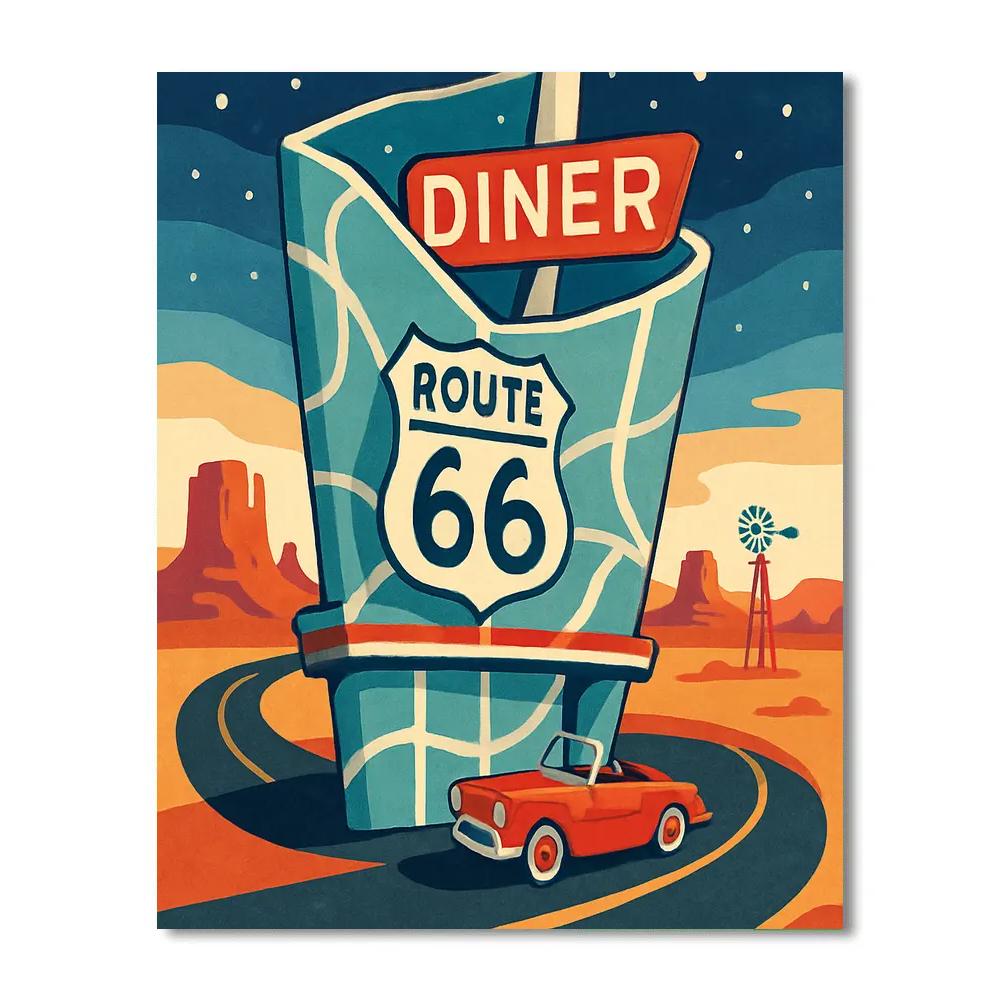 Route 66 Diner Map In USA Neon Paint by numbers art