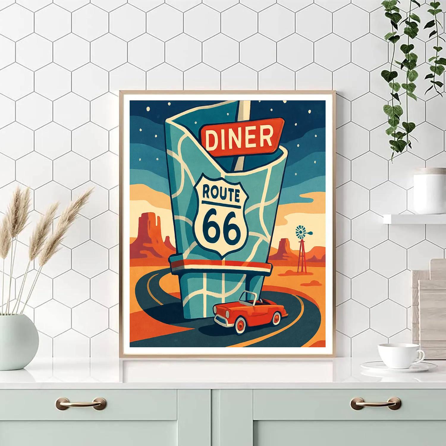 Route 66 Diner Map In USA Neon Paint by numbers art