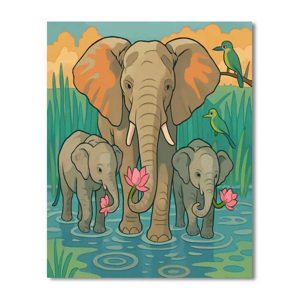 Monsoon Lotus Elephant Procession paint by numbers