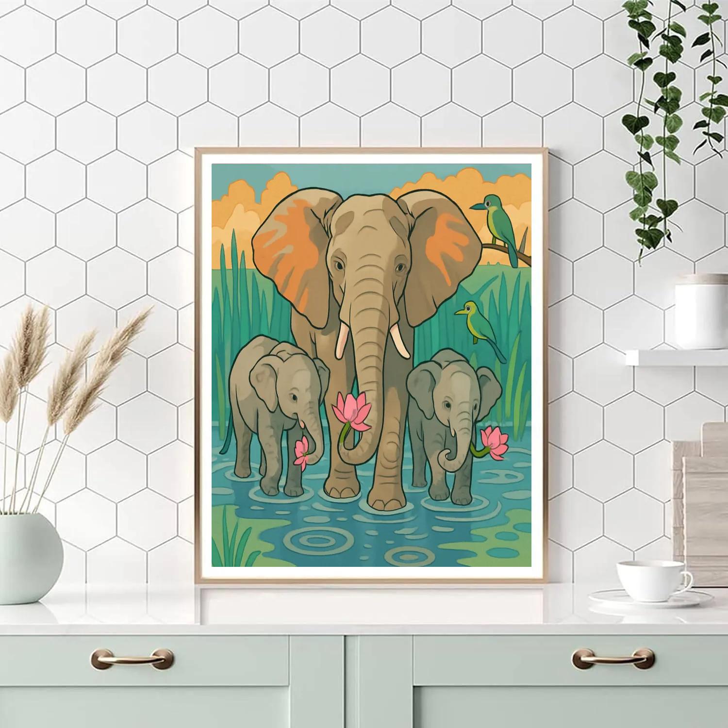 Monsoon Lotus Elephant Procession paint by numbers
