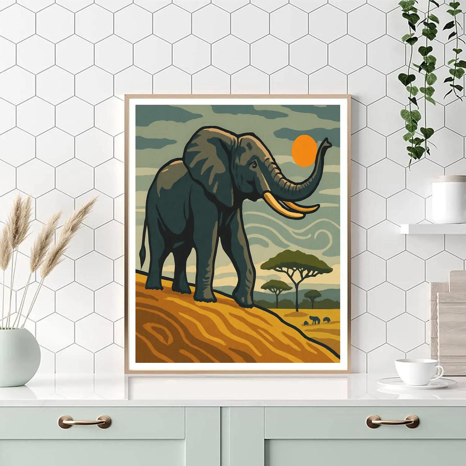Grassland Wind Map With Elephant Number painting