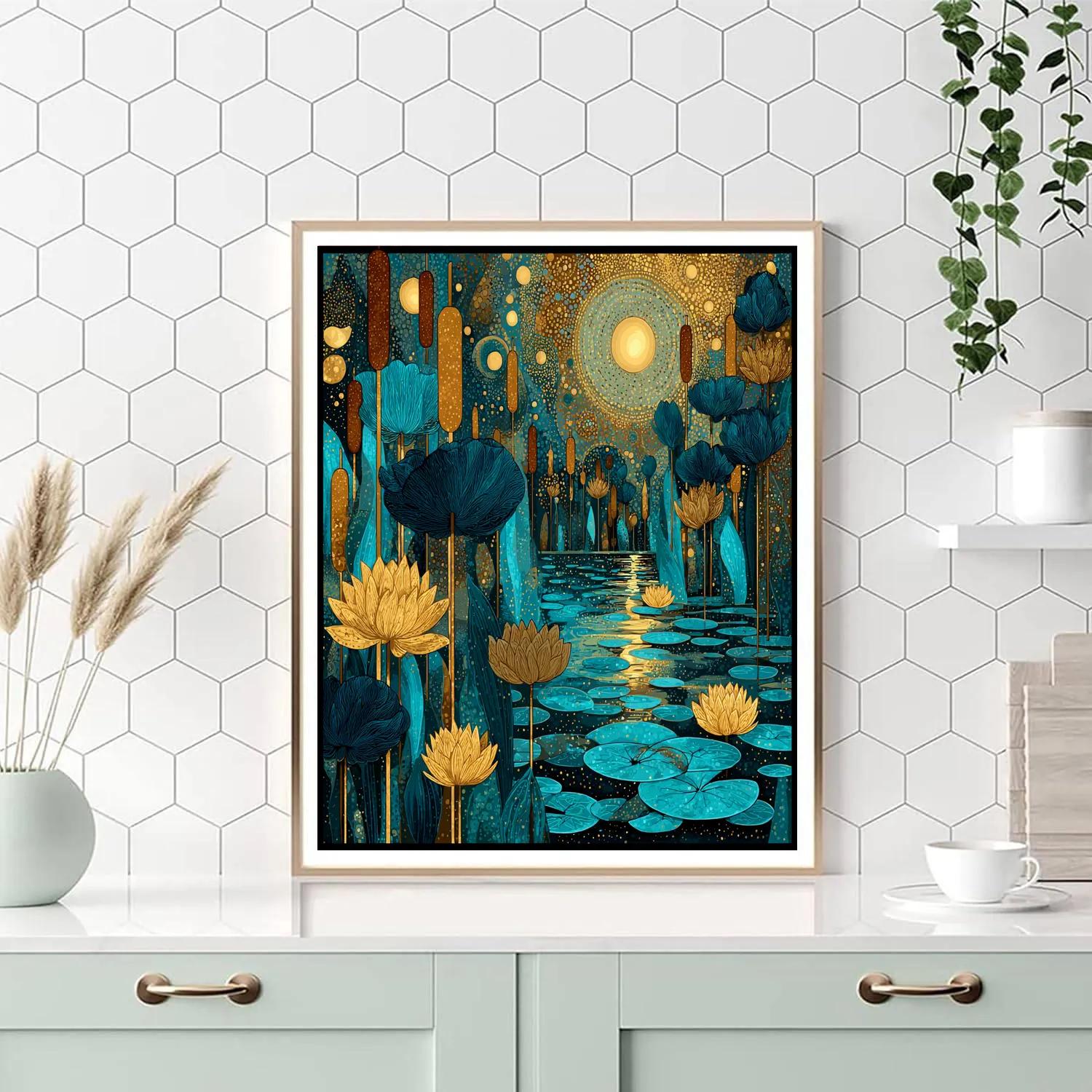 Gustav Klimt Inspired Moonlit Reed Lagoon Paint by numbers art