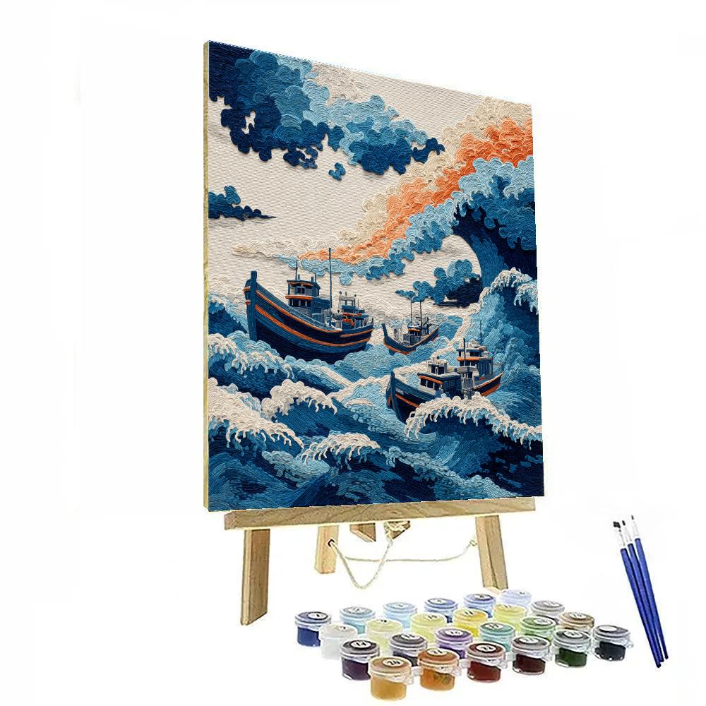 Hokusai Inspired Comet Over Fishing Boats paint by number