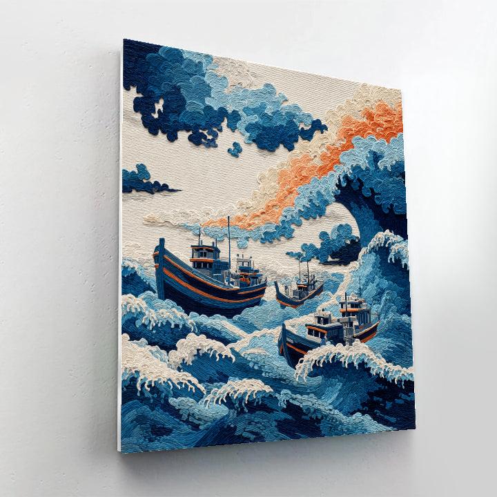 Hokusai Inspired Comet Over Fishing Boats paint by number