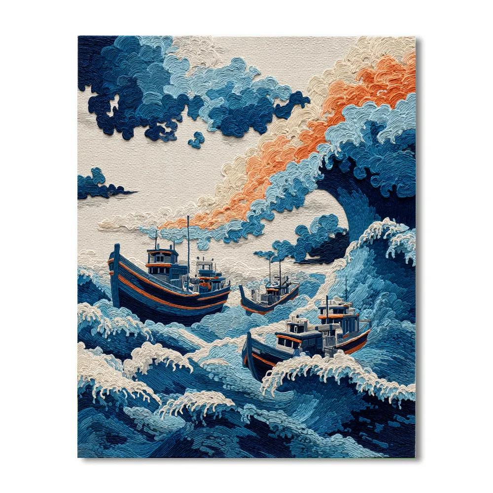 Hokusai Inspired Comet Over Fishing Boats paint by number