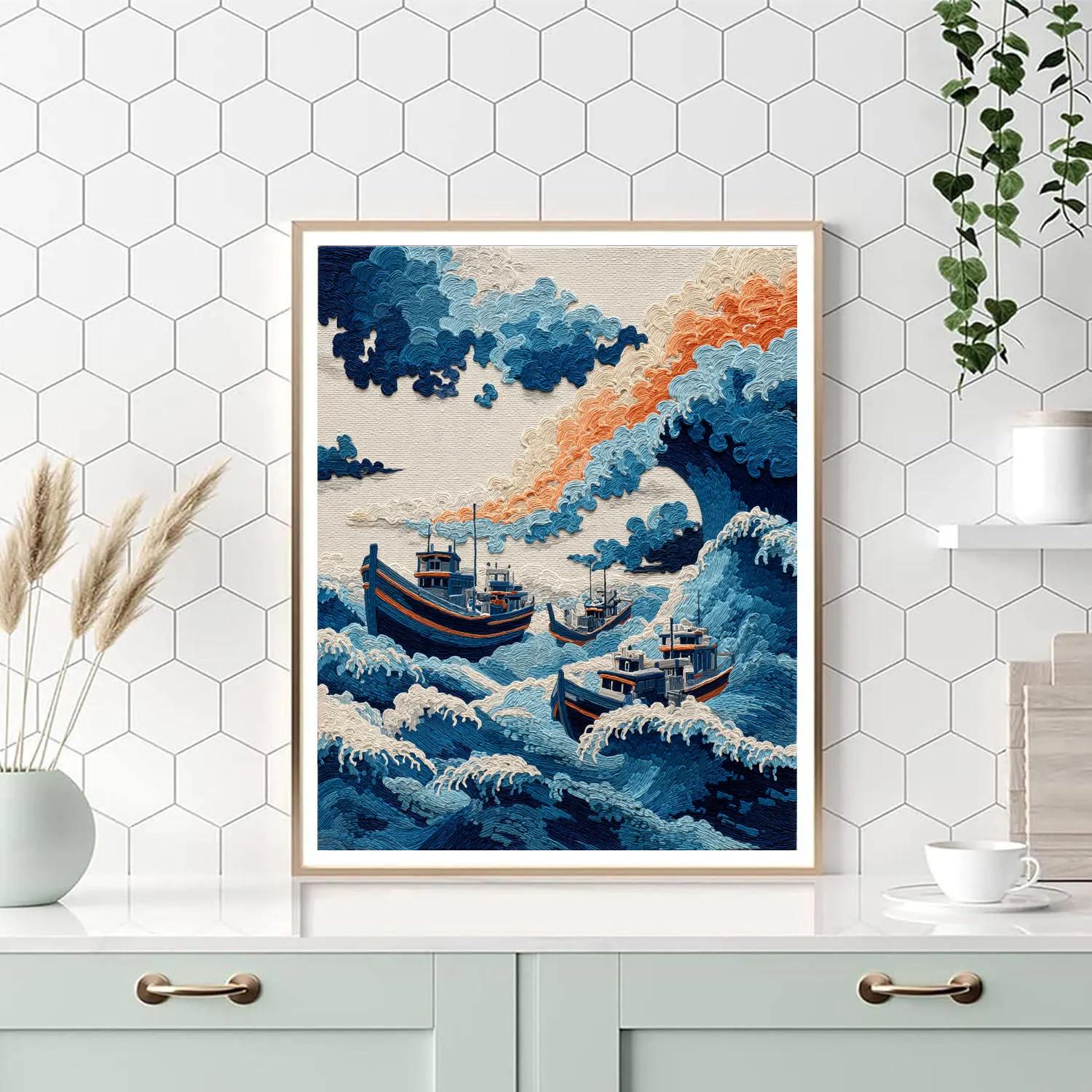 Hokusai Inspired Comet Over Fishing Boats paint by number