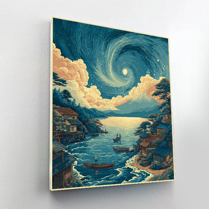 Hokusai Inspired Comet Over Fishing Village painting number kit [AI-54686859-39ab0137ac37]