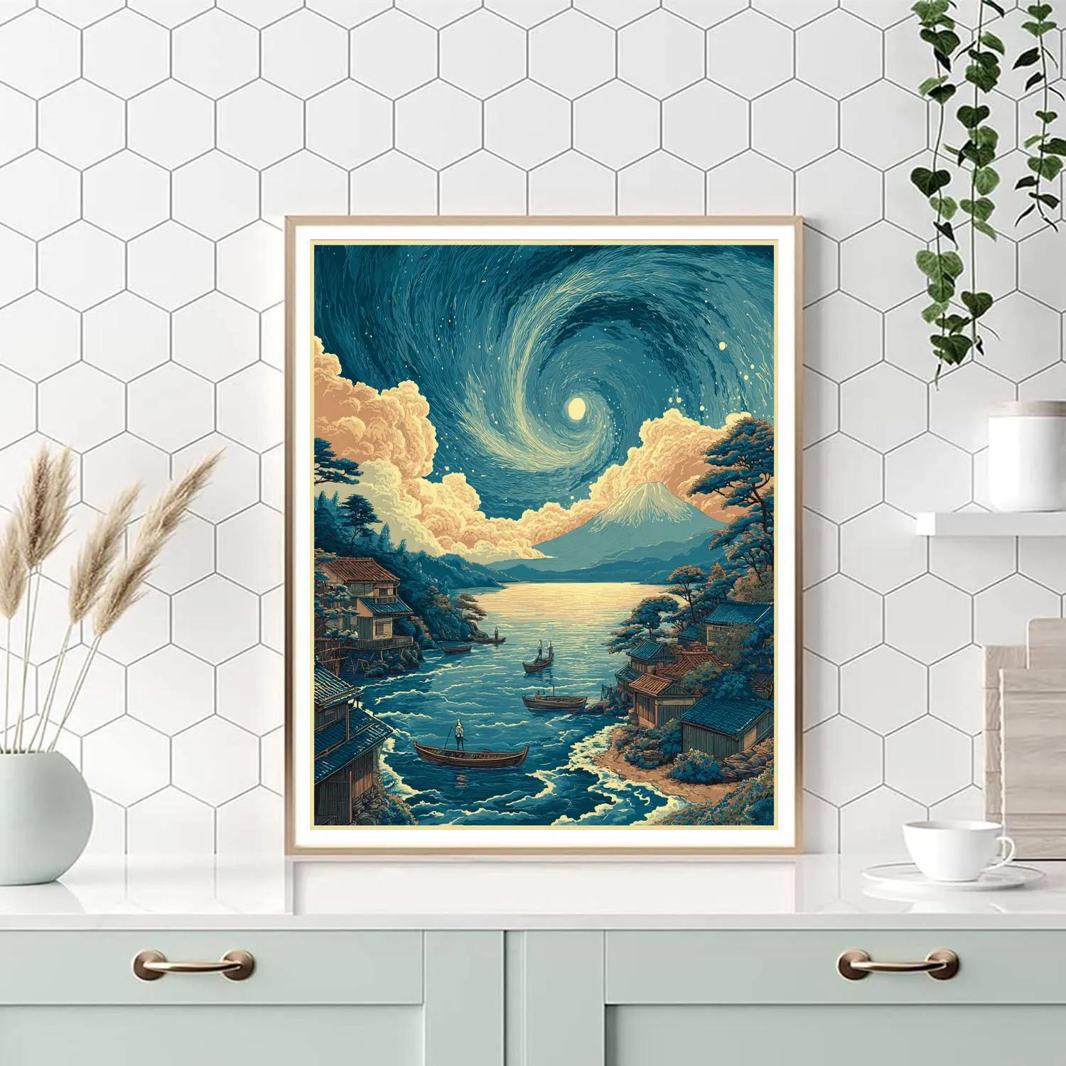 Hokusai Inspired Comet Over Fishing Village painting number kit [AI-54686859-8daa4d87613b]