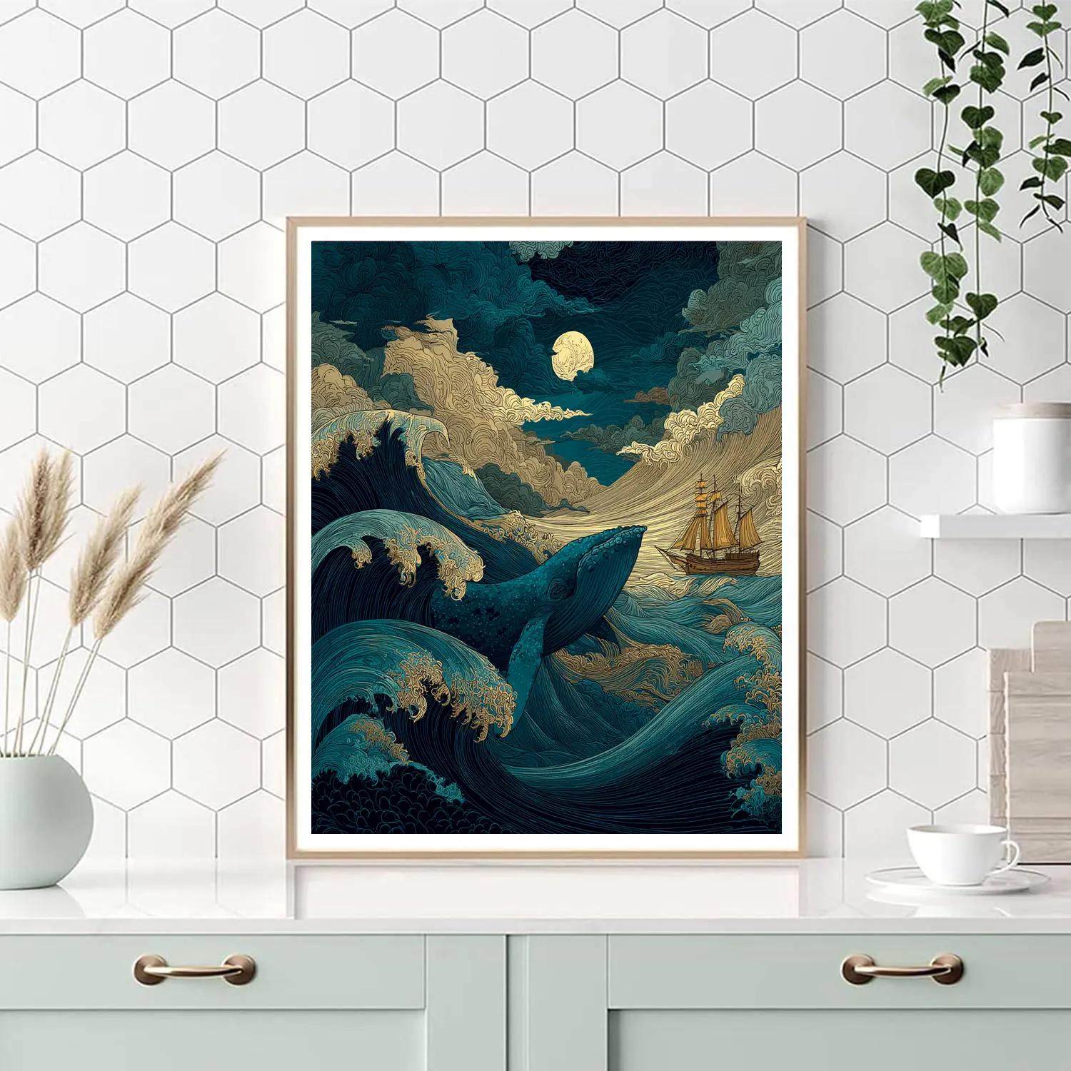 Hokusai Inspired Moonlit Whale Voyage Painting by numbers kit [AI-d6d2f507-b70c04082404]
