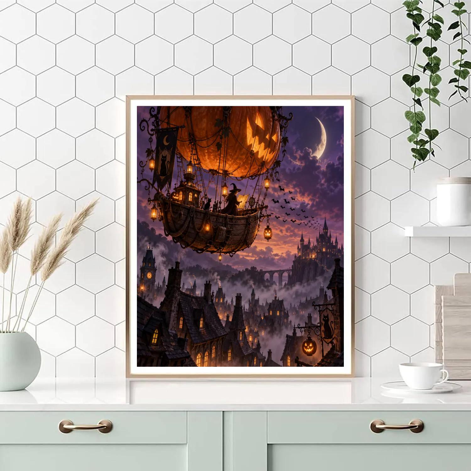 Halloween Pumpkin Airship Crossing Numbered painting kits [AI-43fcf4a5-b936d2e189fc]