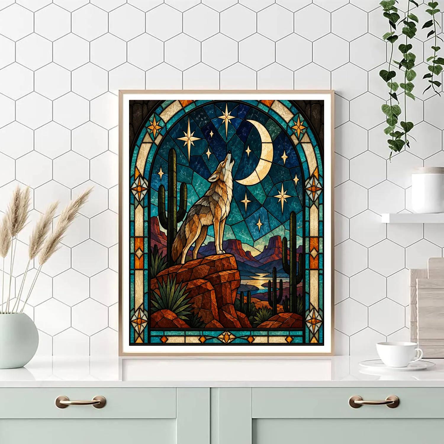Stained Glass Desert Moon Coyote Paint by numbers kits [AI-93259df5-94e96ebc7e32]