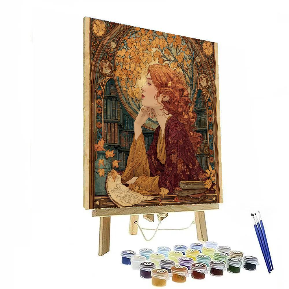 Alphonse Mucha Inspired Autumn Library Oracle paint by color [AI-7857d7f9-279e213eed92]