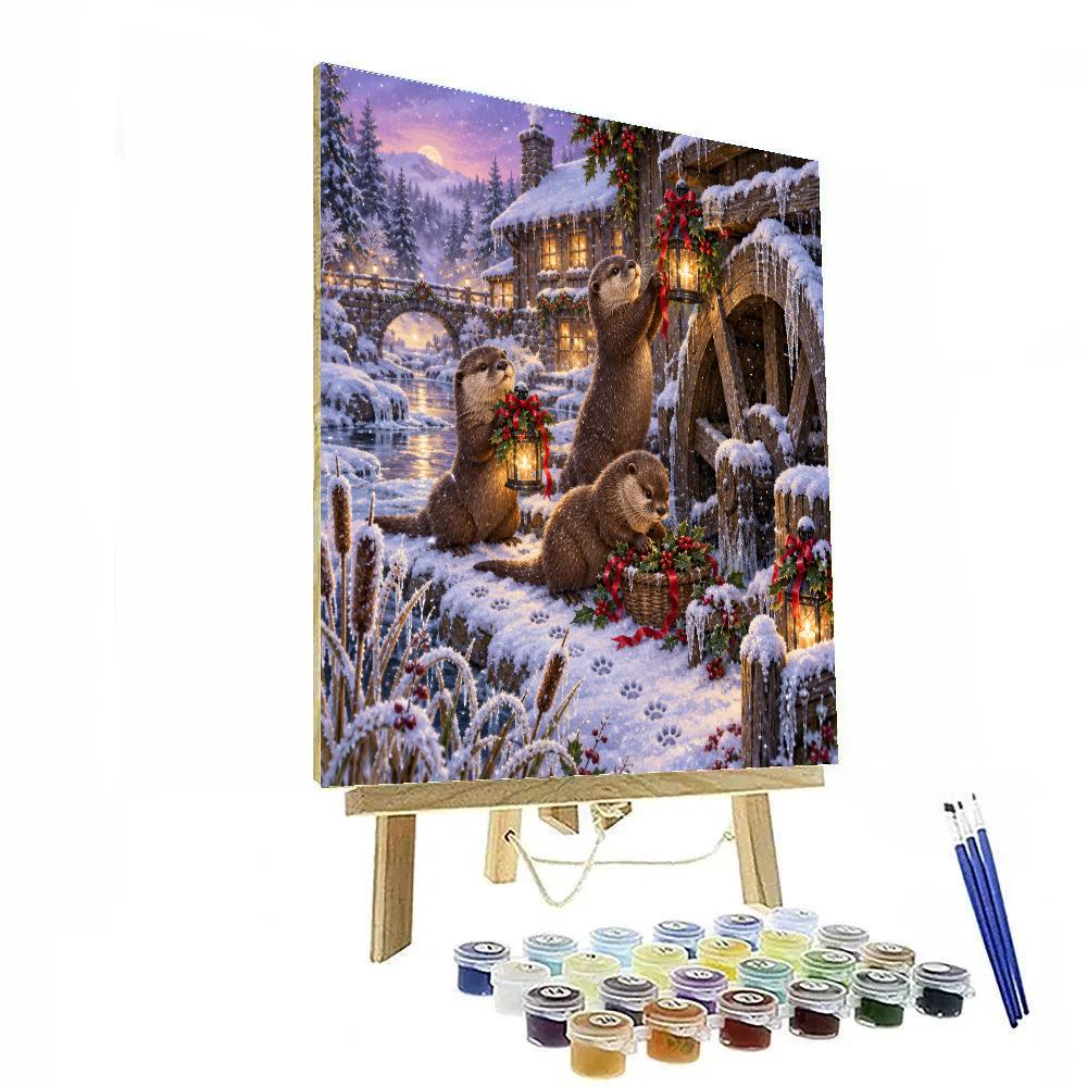 Holly Lantern Otters At The Frozen Mill Wheel Paint by numbers art [AI-54891909-c8b4f28897c9]