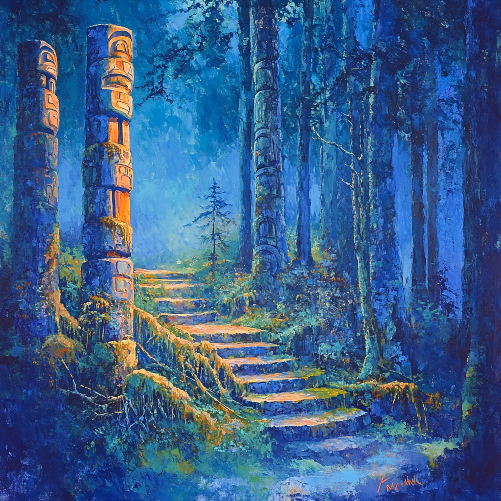 Emily Carr Inspired Totem Poles Embraced By Moss painting number kit