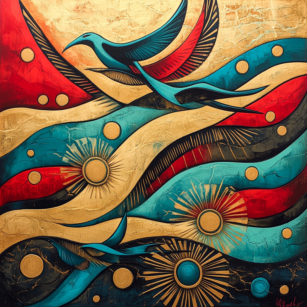 Norval Morrisseau Inspired Thunderbirds Over The Northern Sky paint by color