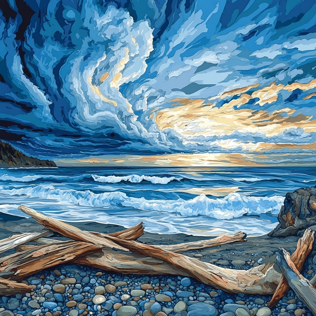 Emily Carr Inspired Churning Pacific Sky And Driftwood Shore painting number kit