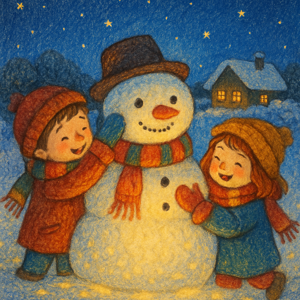 Children Building A Starlight Snowman Number painting